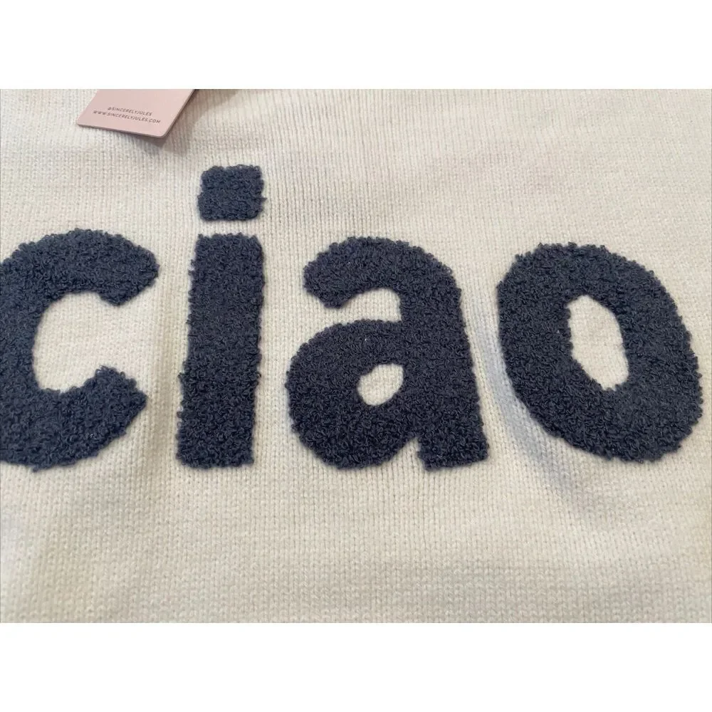 Women's Sincerely Jules CIAO Cream Blue Long Sleeve‎ Crop Cotton Sweater XS NWT